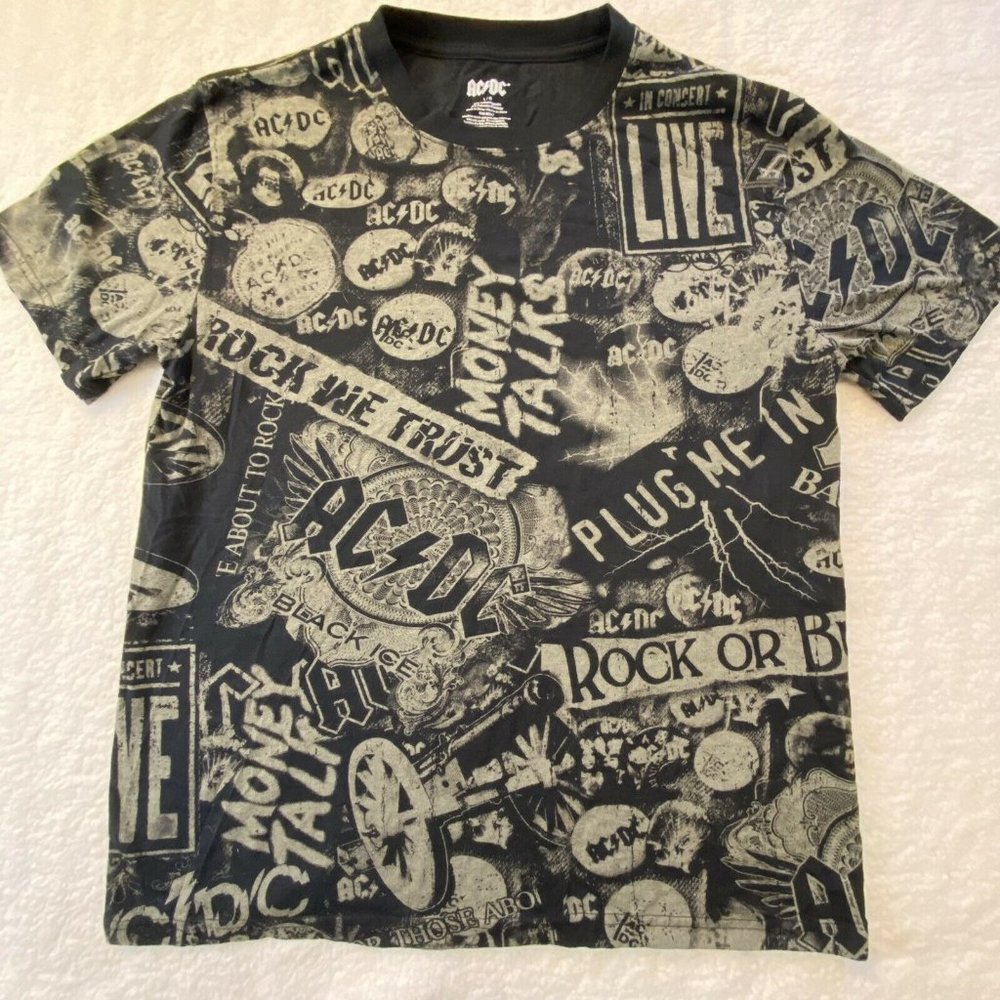 AC/DC Rock Band Graphic Shirt Mens Large Black All Over Print 70s 80s Grunge